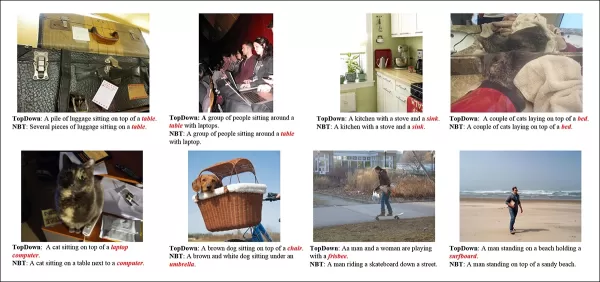 摘自 CHAIR 发布的论文：两个主要字幕系统 TopDown 和 NBT 生成幻觉对象的示例，其中每个模型都编造了图像中实际不存在的视觉元素，如笔记本电脑、水槽或冲浪板。来源：https://arxiv.org/pdf/1809.02156