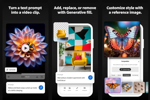 Three examples of the tools available on Adobe's Firefly mobile app.