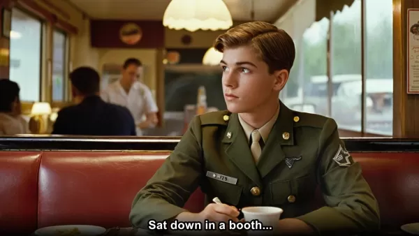 Soldier and waitress at a cafe