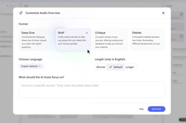 Googles NotebookLM führt anpassbare KI-Audioübersichten mit Tonoptionen wie Deep Dive, Brief, Critique und Debate sowie neue KI-Stimmen für die Zusammenfassung von Dokumenten ein. Das Update folgt auf die kürzlich eingeführten Videoübersichten und die Einführung einer eigenständigen mobilen App.