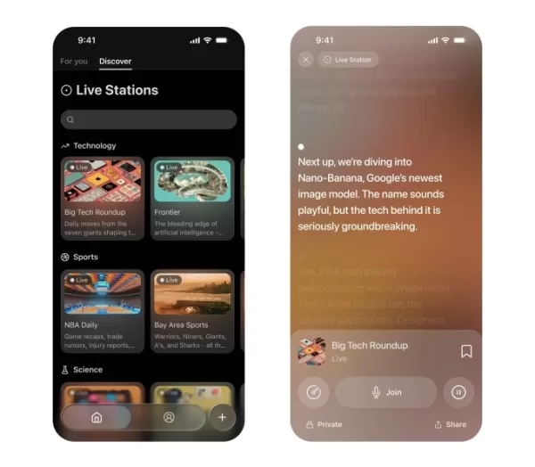 Deux captures d'écran montrant la fonctionnalité Live Station de l'application audio Huxe. Ces stations sont représentatives des sujets que vous pouvez suivre au fil du temps. Chaque fois que vous ouvrez une station en direct, l'application vous envoie des mises à jour.
